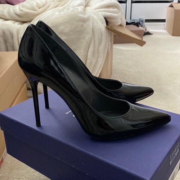 NEW Stuart Weitzman Black Patent Leather Stiletto Pointed Toe Vamp Pumps Heels - Picture 2 of 6